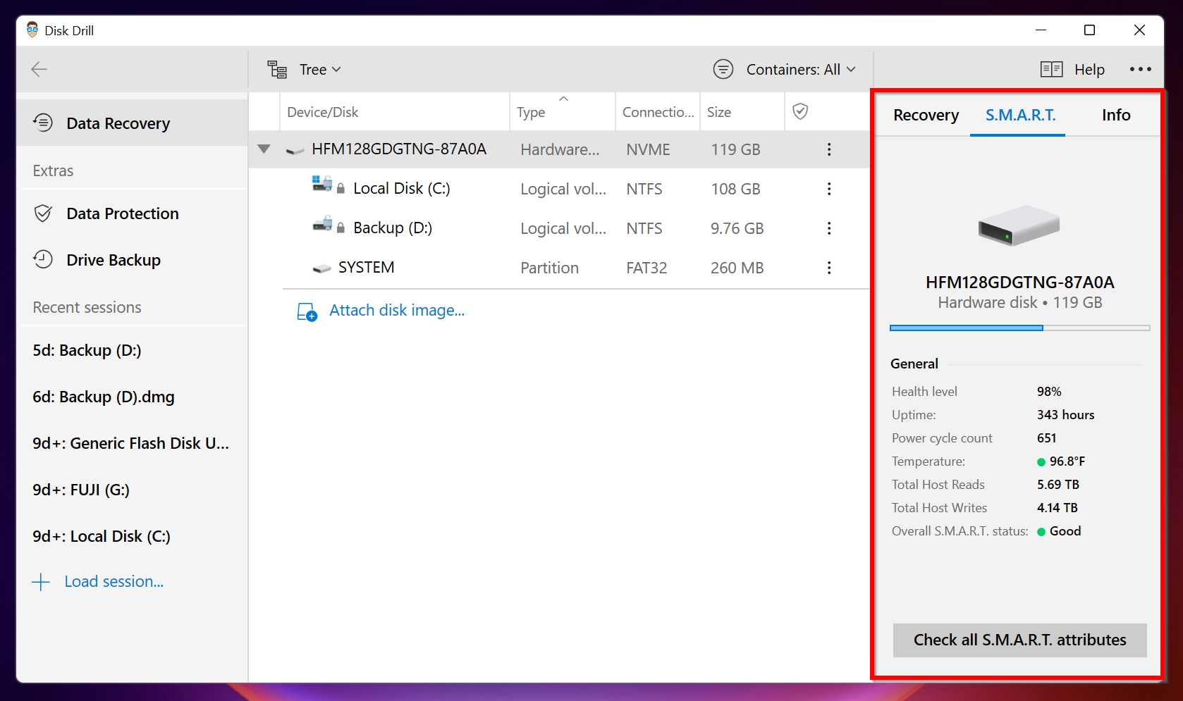 S.M.A.R.T. disk status option in Disk Drill.