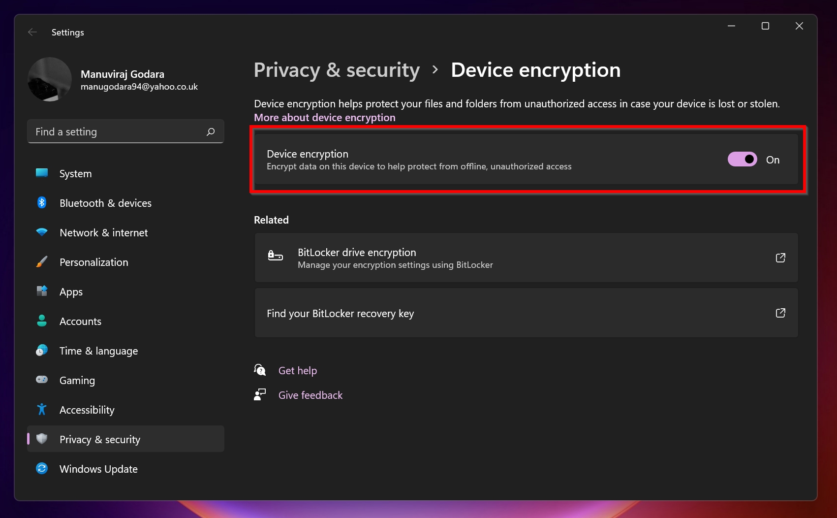The Device Encryption settings Window.