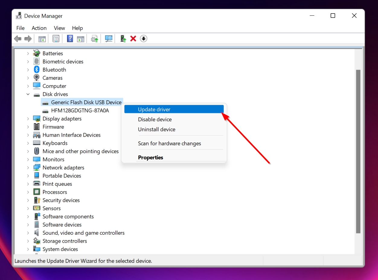 The Update driver option in Device Manager.