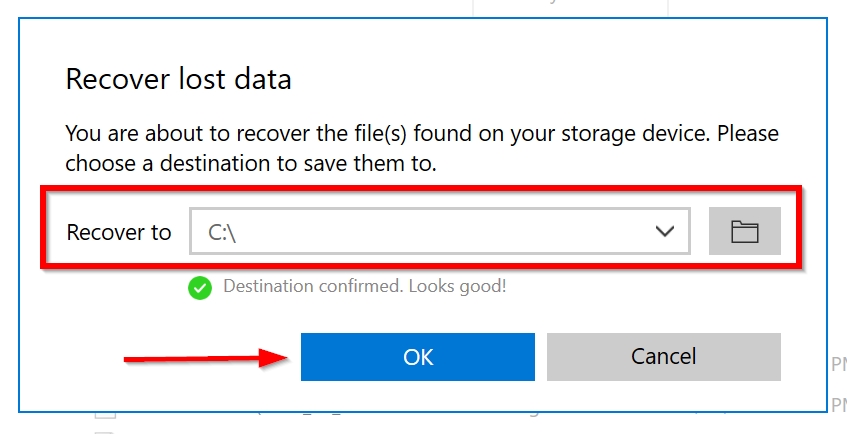 File recovery destination prompt in Disk Drill.