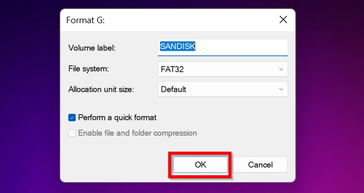 Format Options within Disk Management.