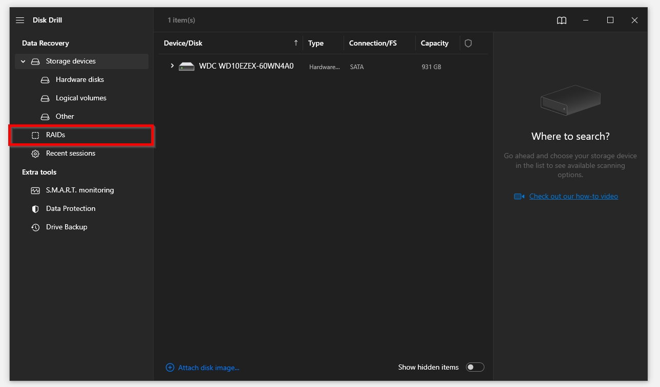 RAID drives option in Disk Drill 5.