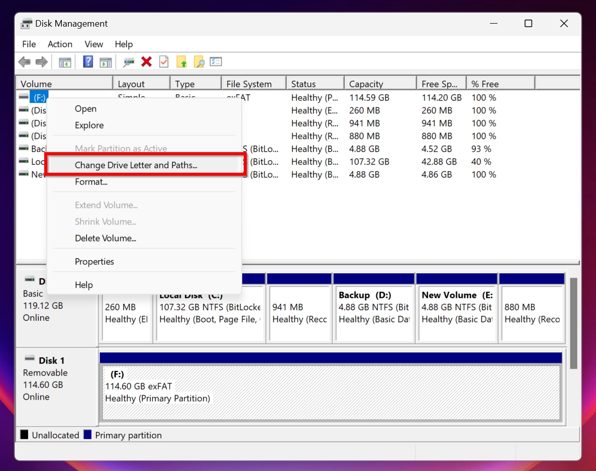 Change Drive Letter and Paths option in Disk Management.