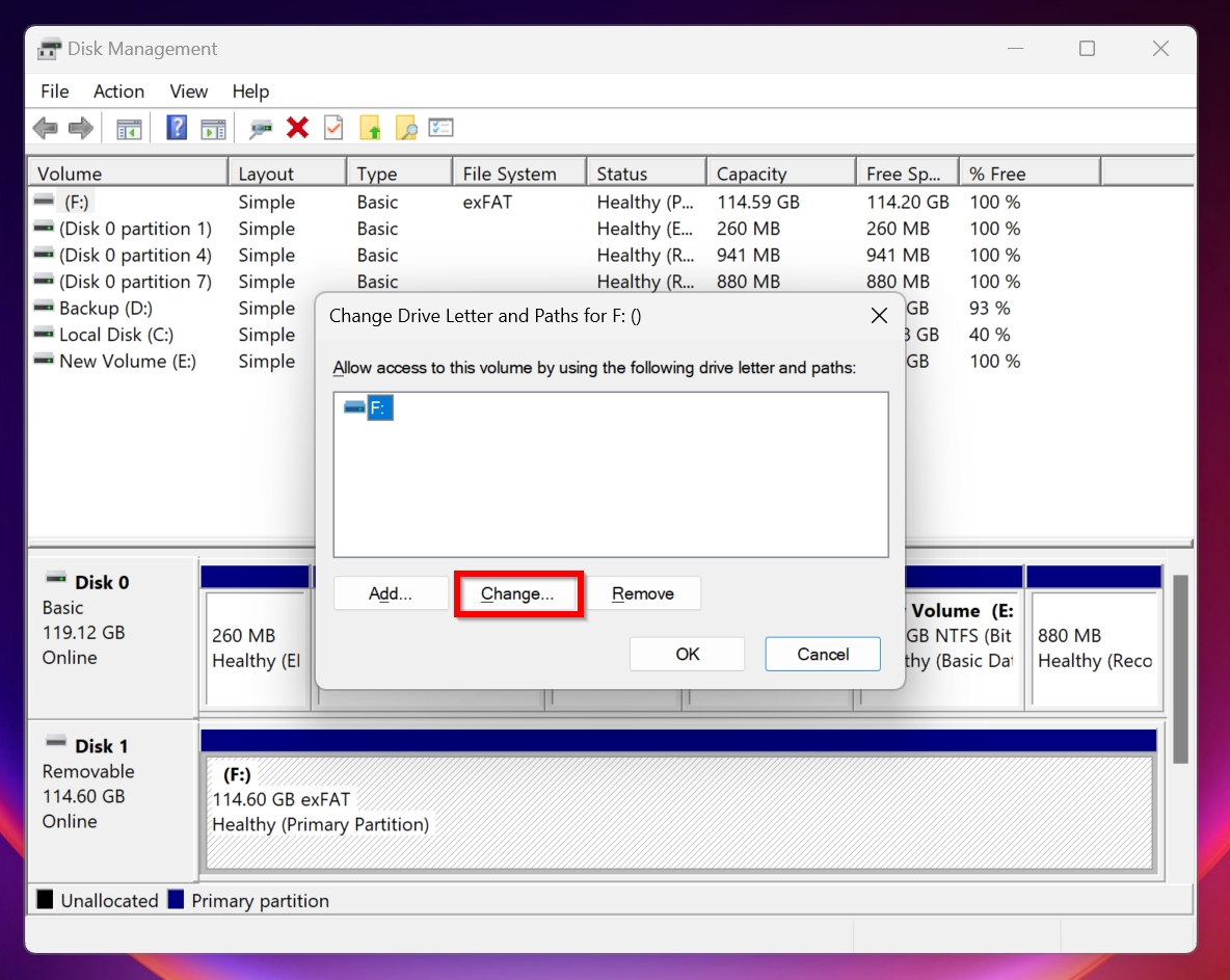 The Change option in Disk Management. 