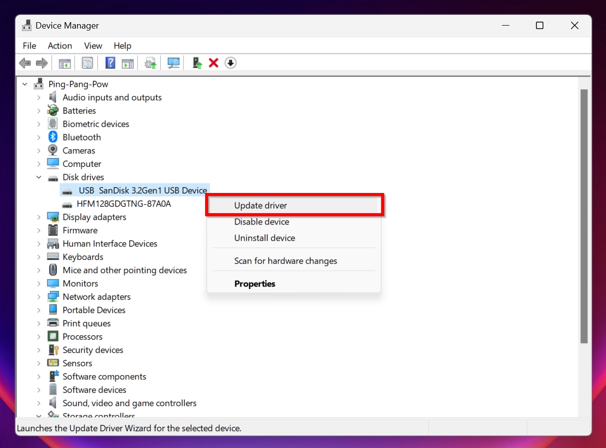 The Update driver option in Device Manager. 