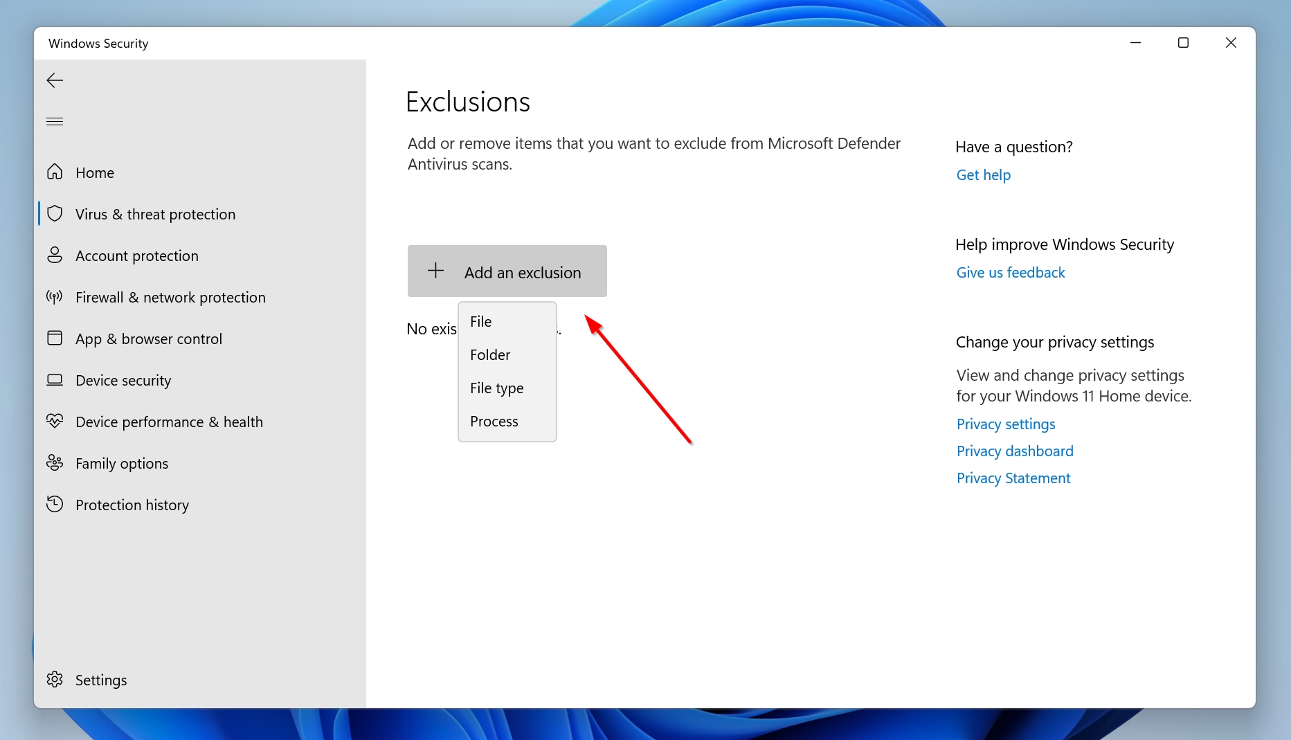 The Add an exclusion option in Windows Defender.