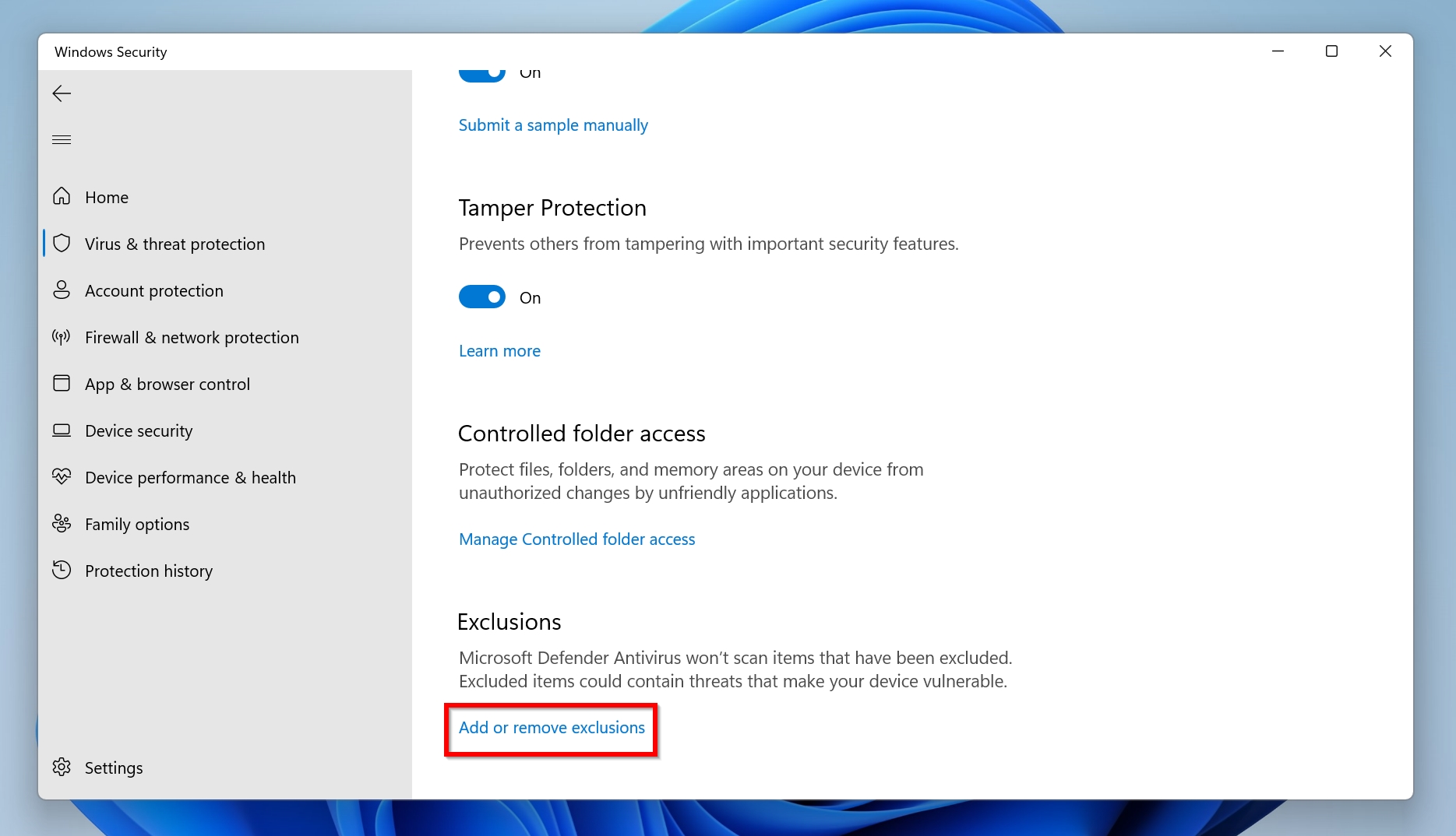 Add or remove exclusion option in Windows Defender.