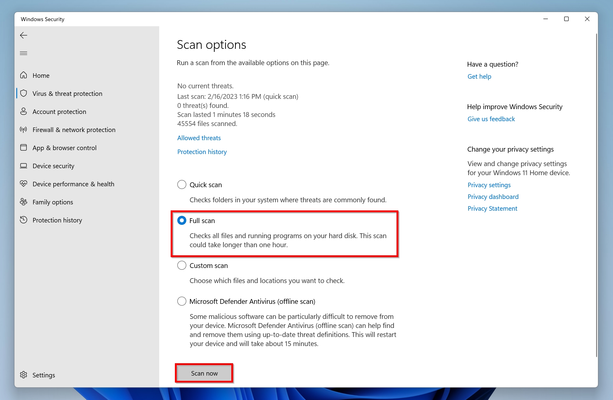The Full scan option in Windows Defender, along with the Scan now button.
