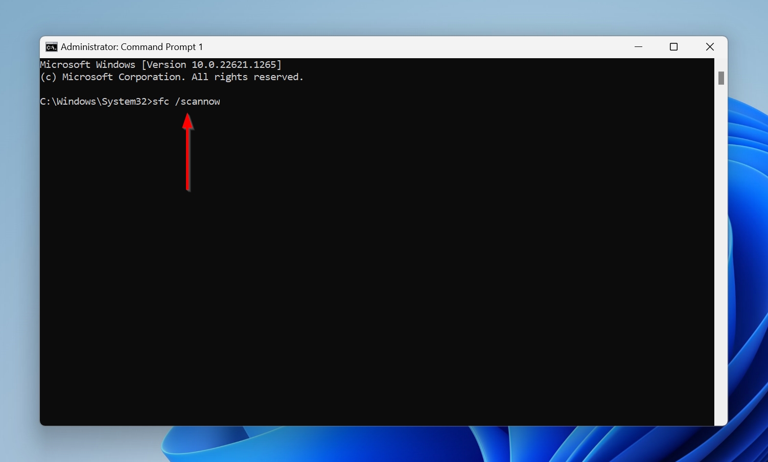 SFC command syntax in the Windows Command Prompt.