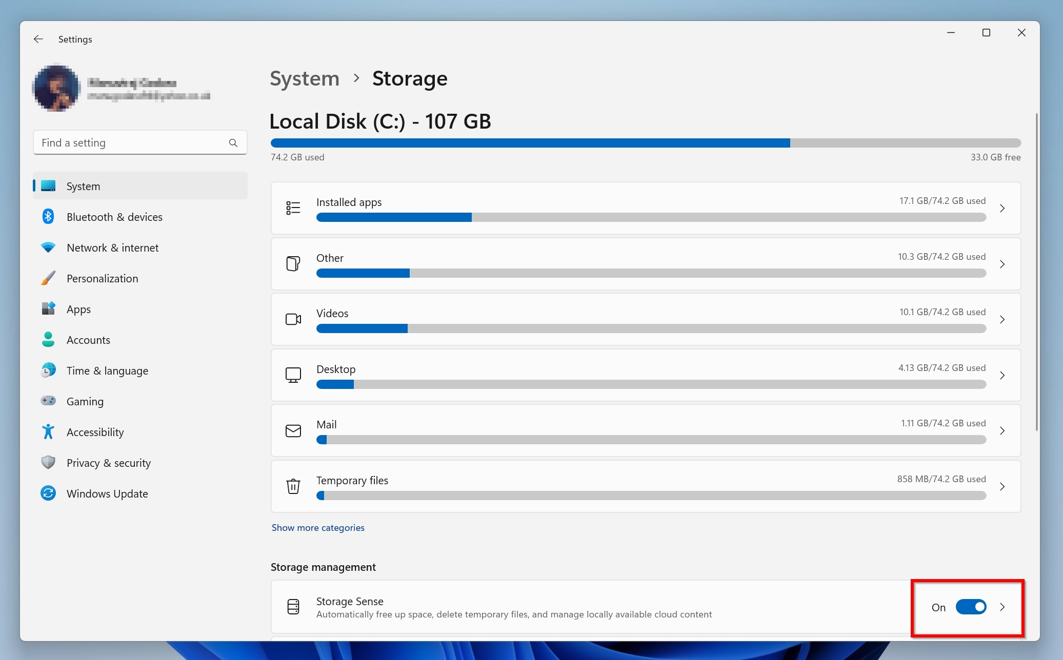 Windows Storage Sense On/Off slider.