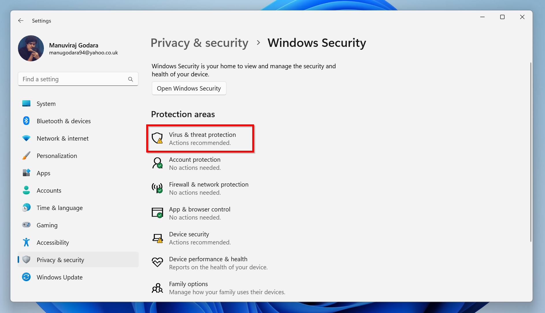 Virus & threat protection option in Windows Defender.