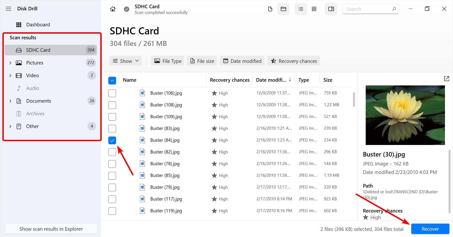 select files from sd card for recovery