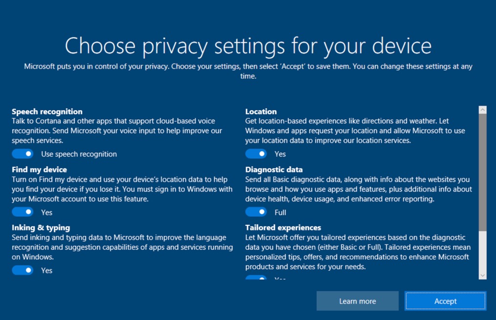 windows 10 privacy settings
