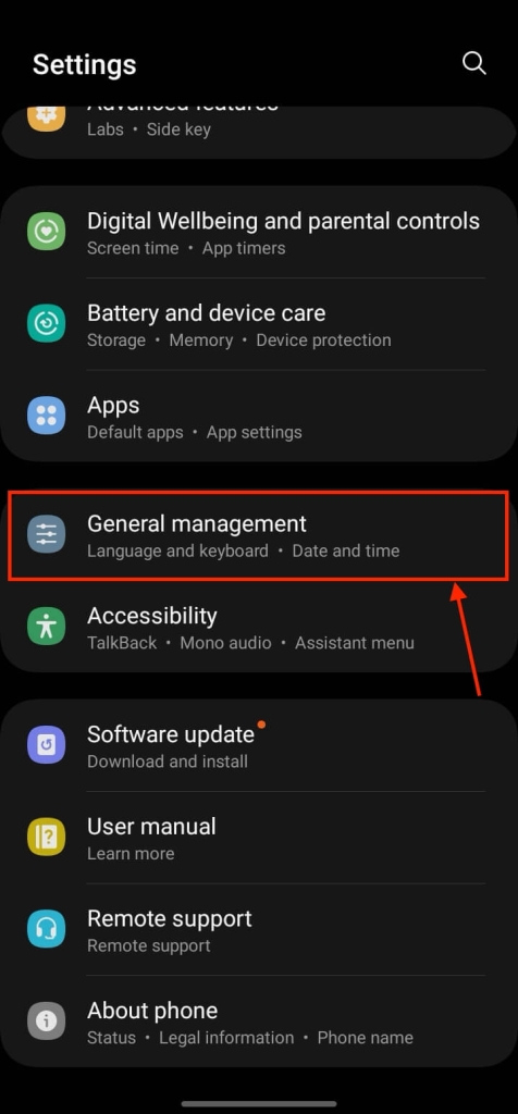 General management option in Android settings