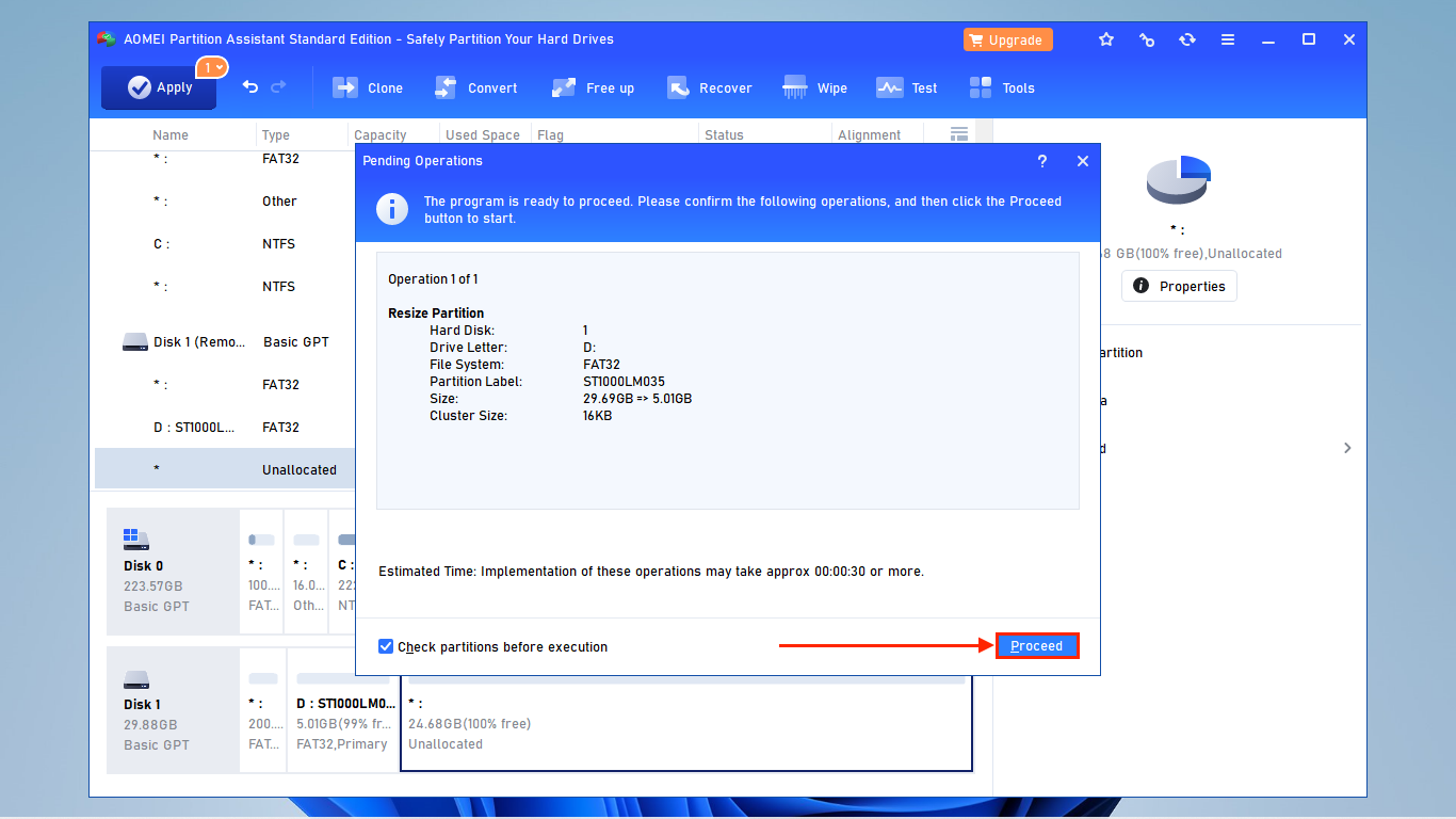 Resize partition confirmation window in AOMEI