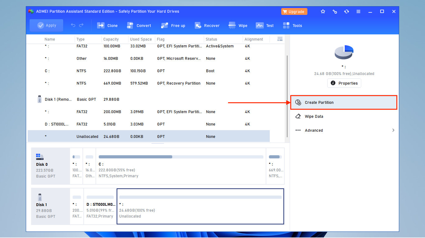 Create Partition button in AOMEI