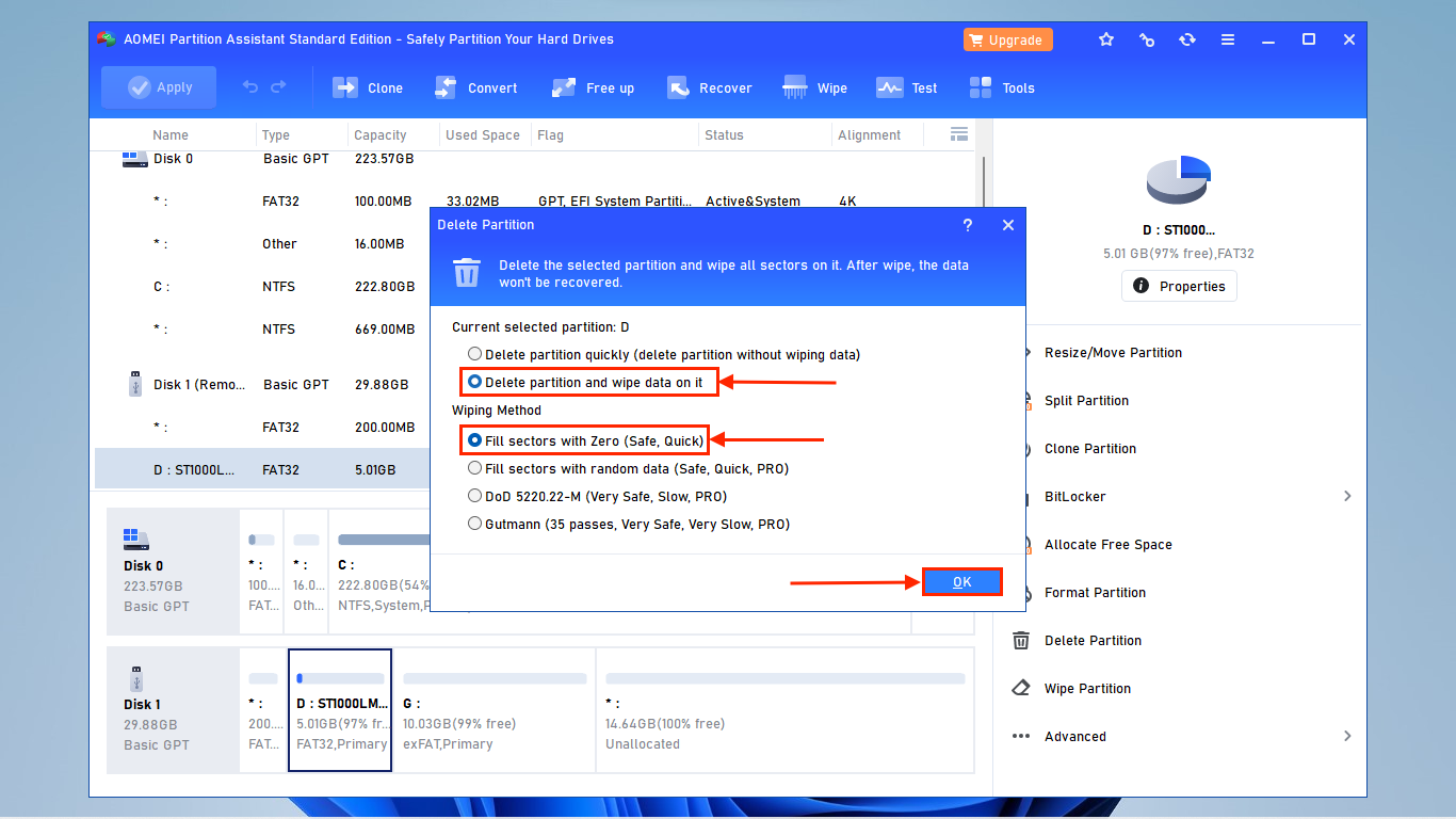 Delete partition dialogue in AOMEI