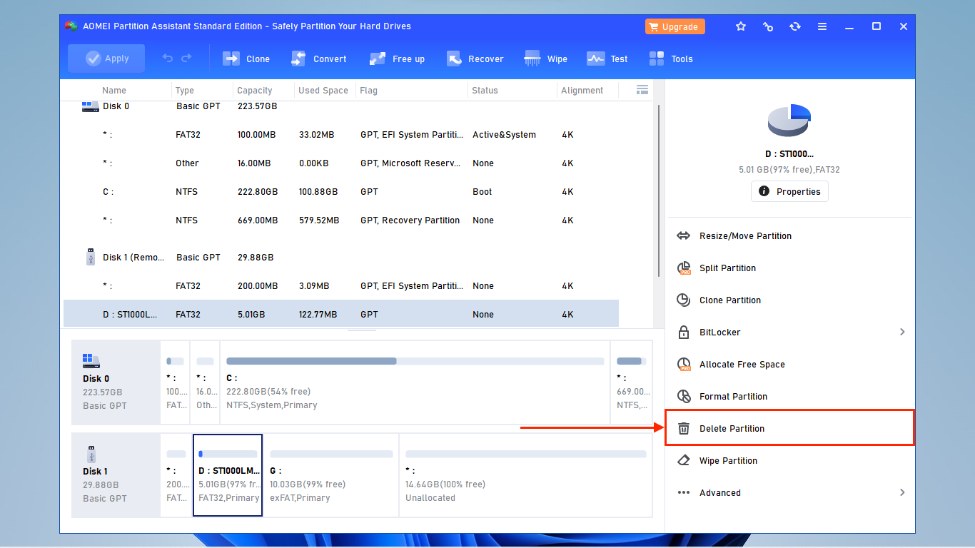 Delete partition option in AOMEI