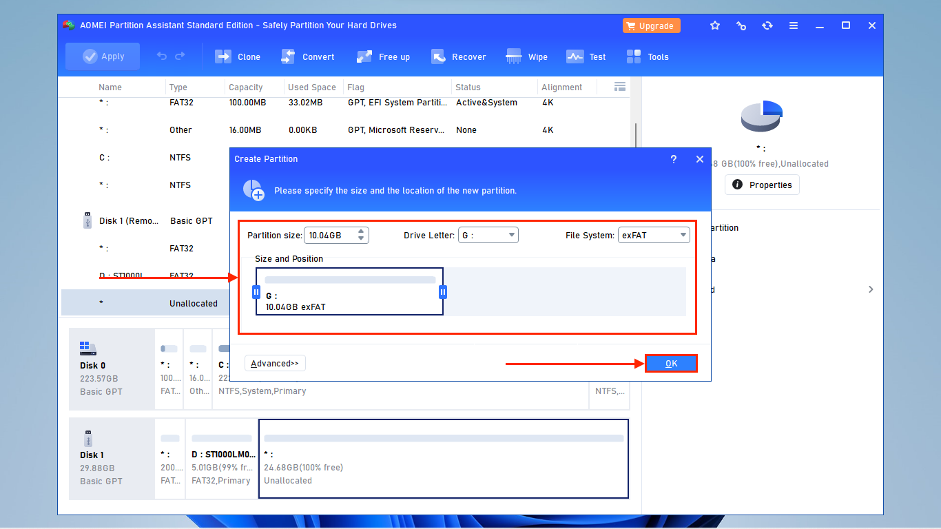 Partition creation dialogue in AOMEI