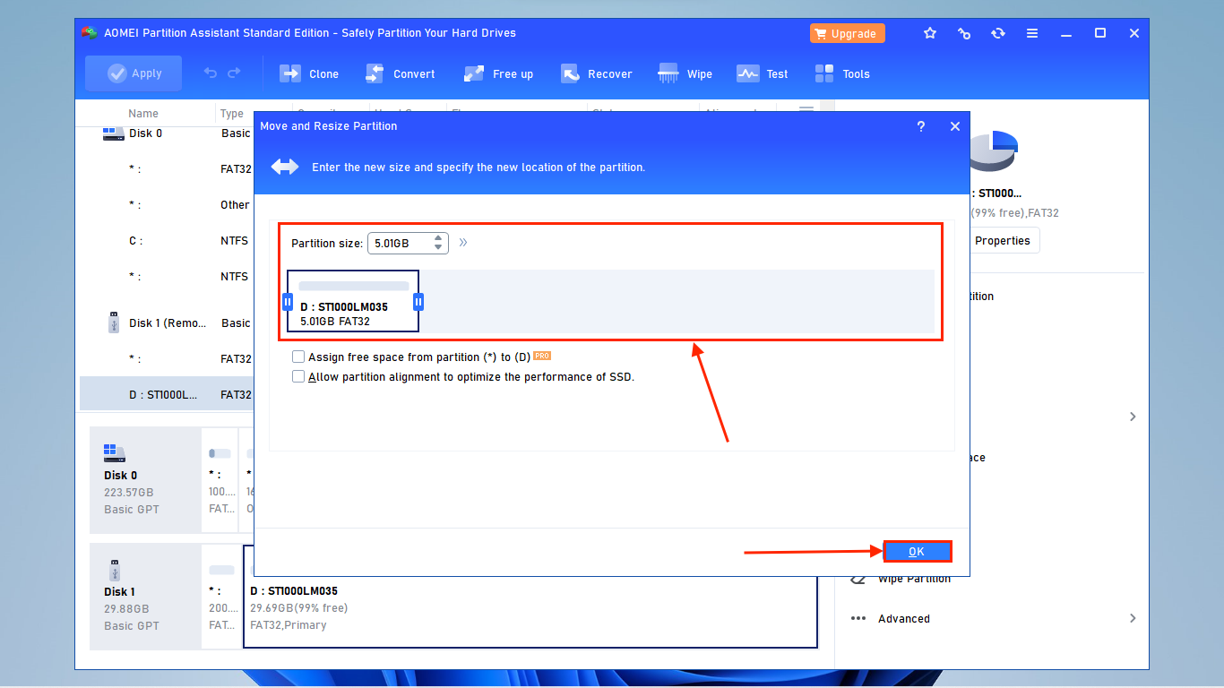 Move and resize partition window in AOMEI