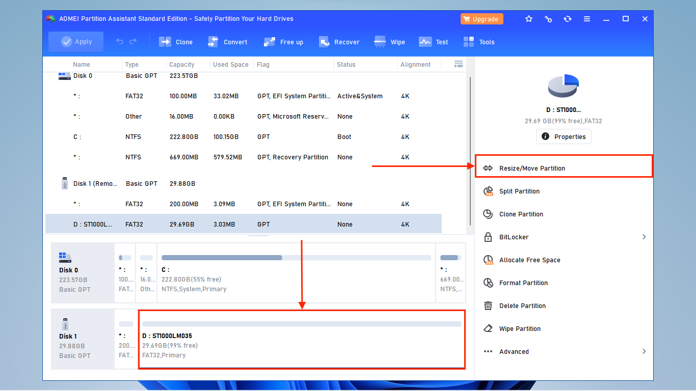 Partition selection window in AOMEI 