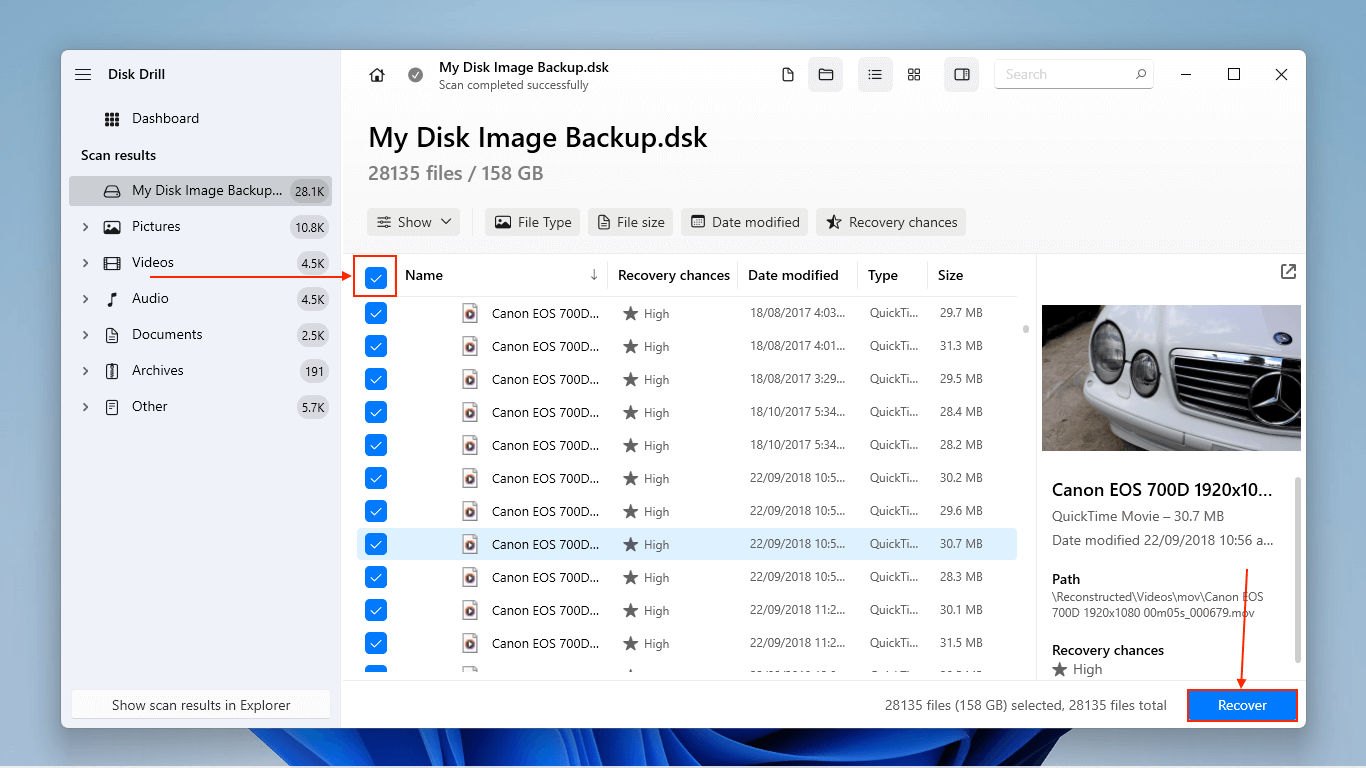 Recover button in Disk Drill