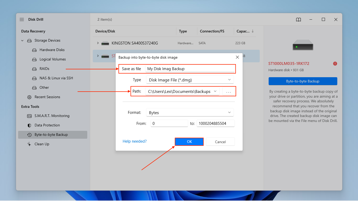 Destination selection in Disk Drill