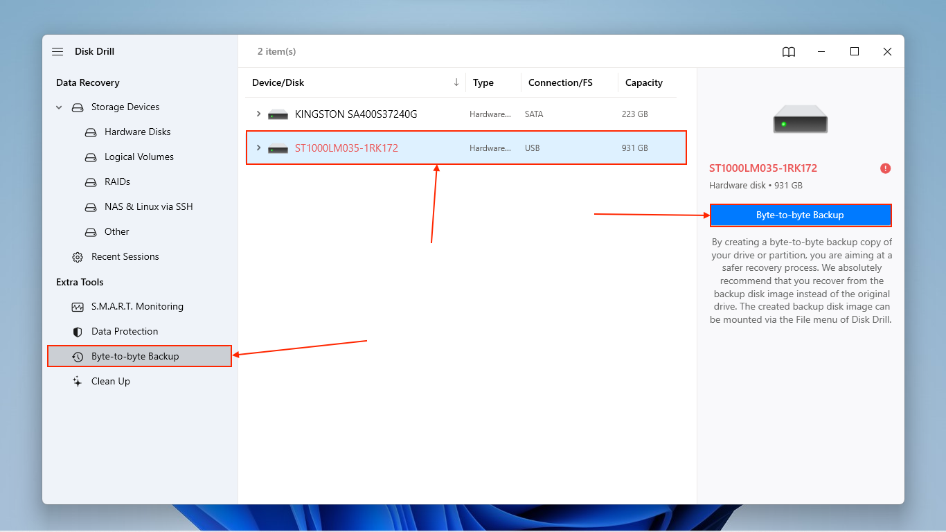 byte-to-byte backup button in Disk Drill 