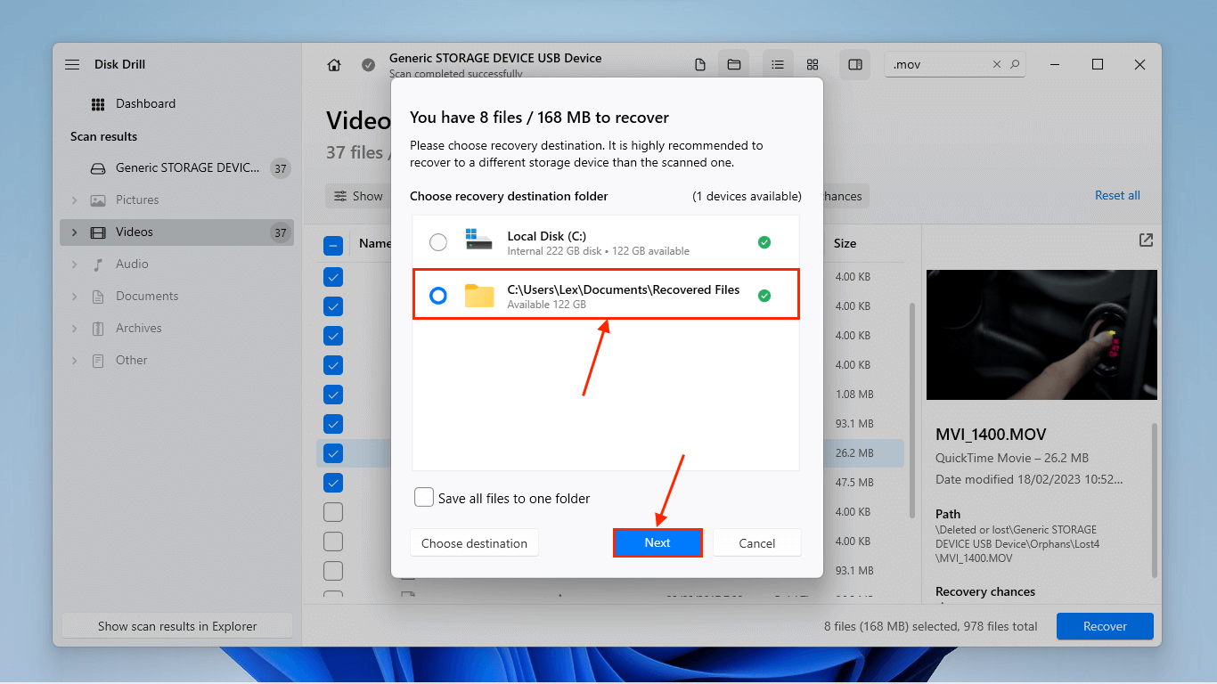 Disk Drill file destination menu