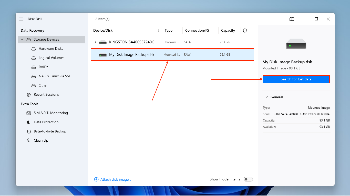 Image backup selection in Disk Drill