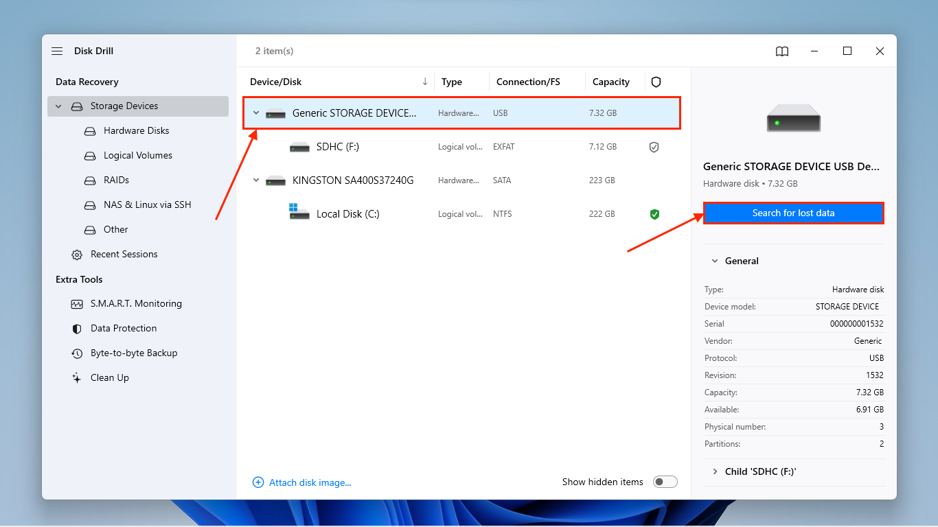 Disk Drill drive selection menu