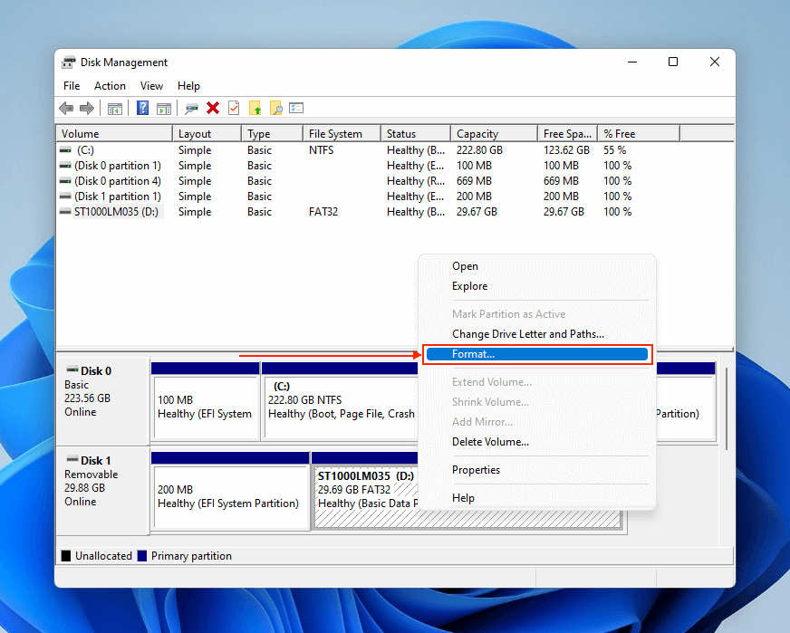 Format in drop-down menu in Disk Management