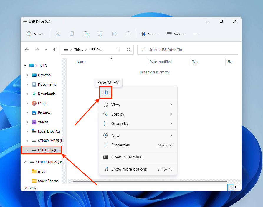 Paste partition files in File Explorer