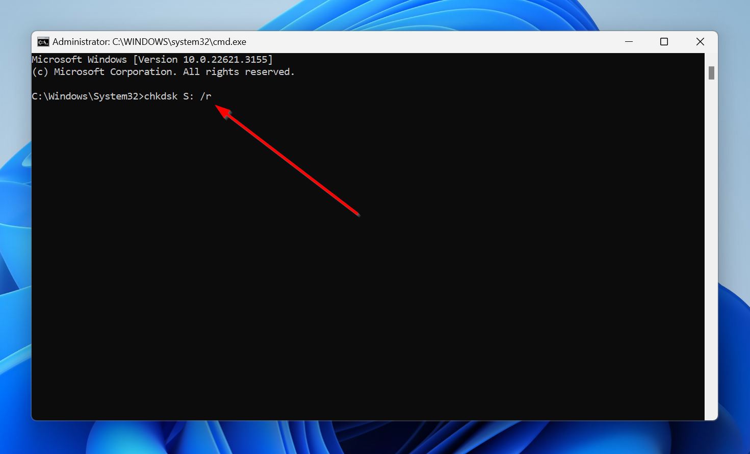Command Prompt window with the CHKDSK syntax