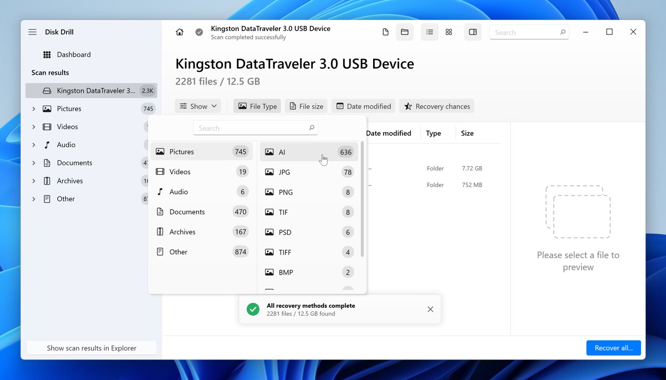 disk drill ai file type filter