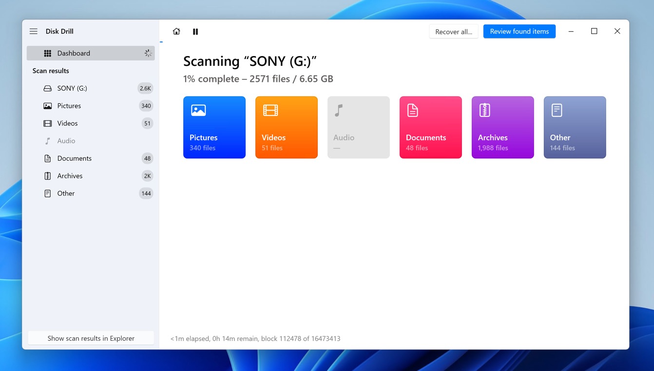 disk drill scanning sony review found items