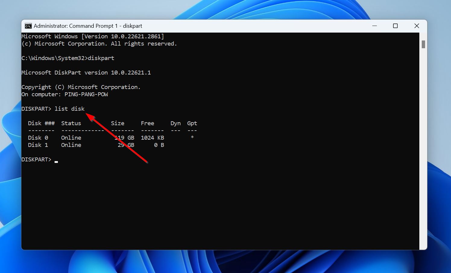 Command Prompt list disk command