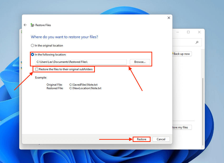 Restoring files to the selected designated folder