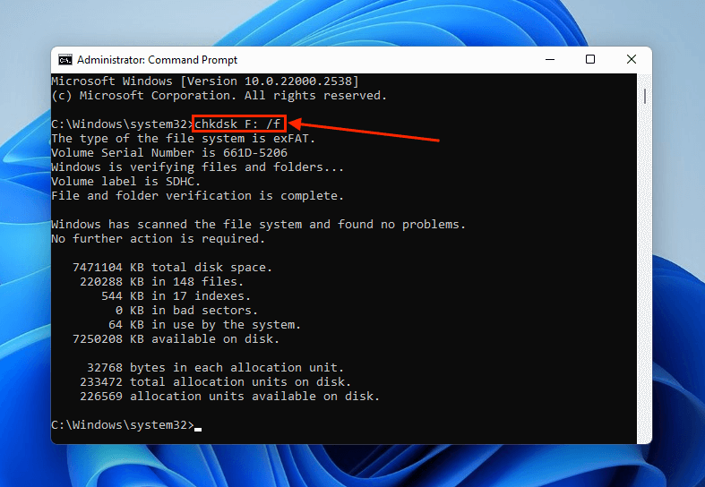 chkdsk command in Command Prompt