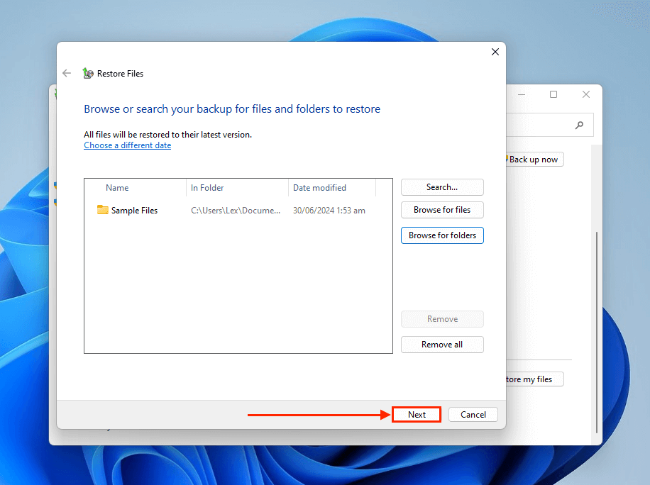 confirming to restore the selected file 