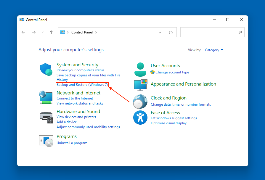 Backup and Restore option in Control Panel