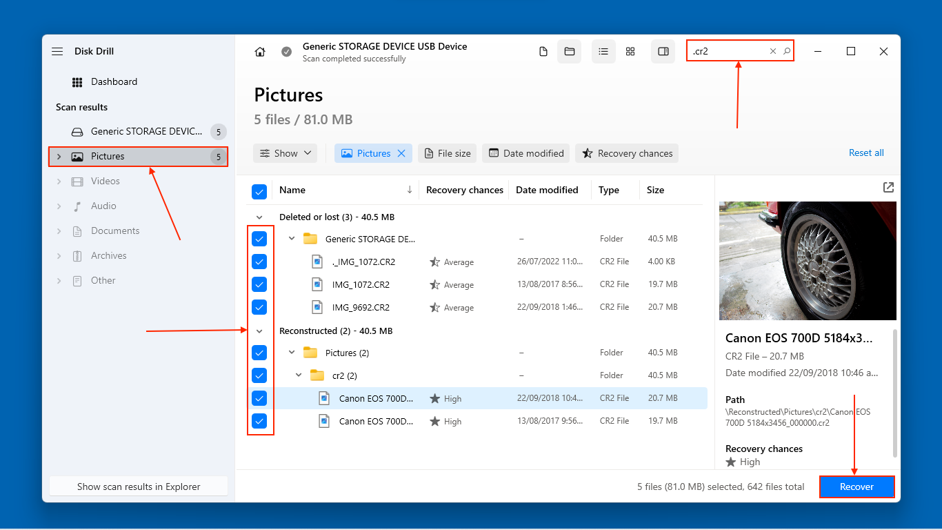 Selecting files to restore in Disk Drill