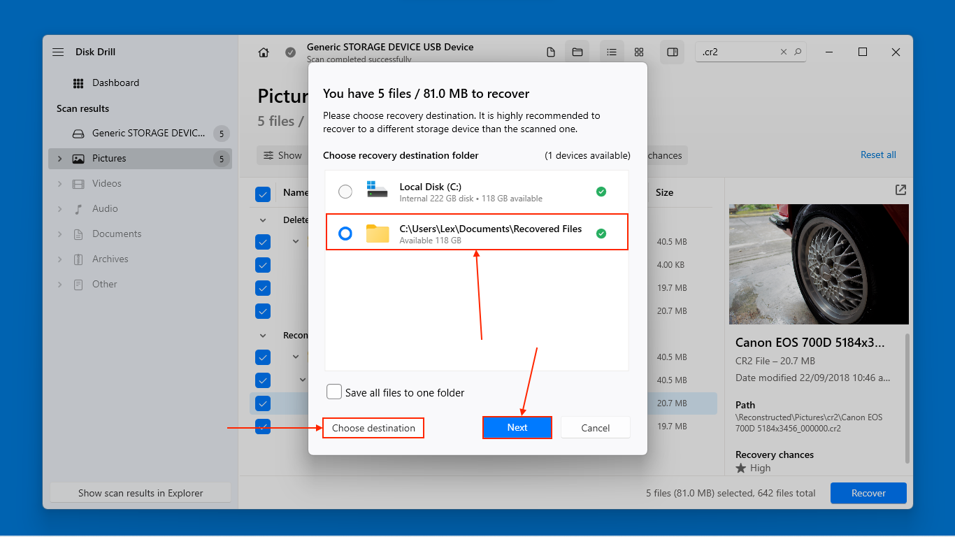 selecting file destination folder in Disk Drill