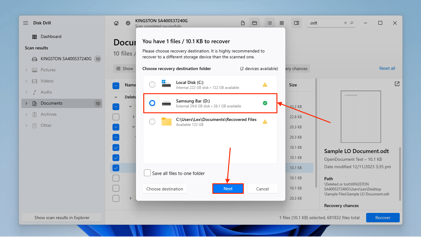 selecting destination folder for the recovered files in Disk Drill