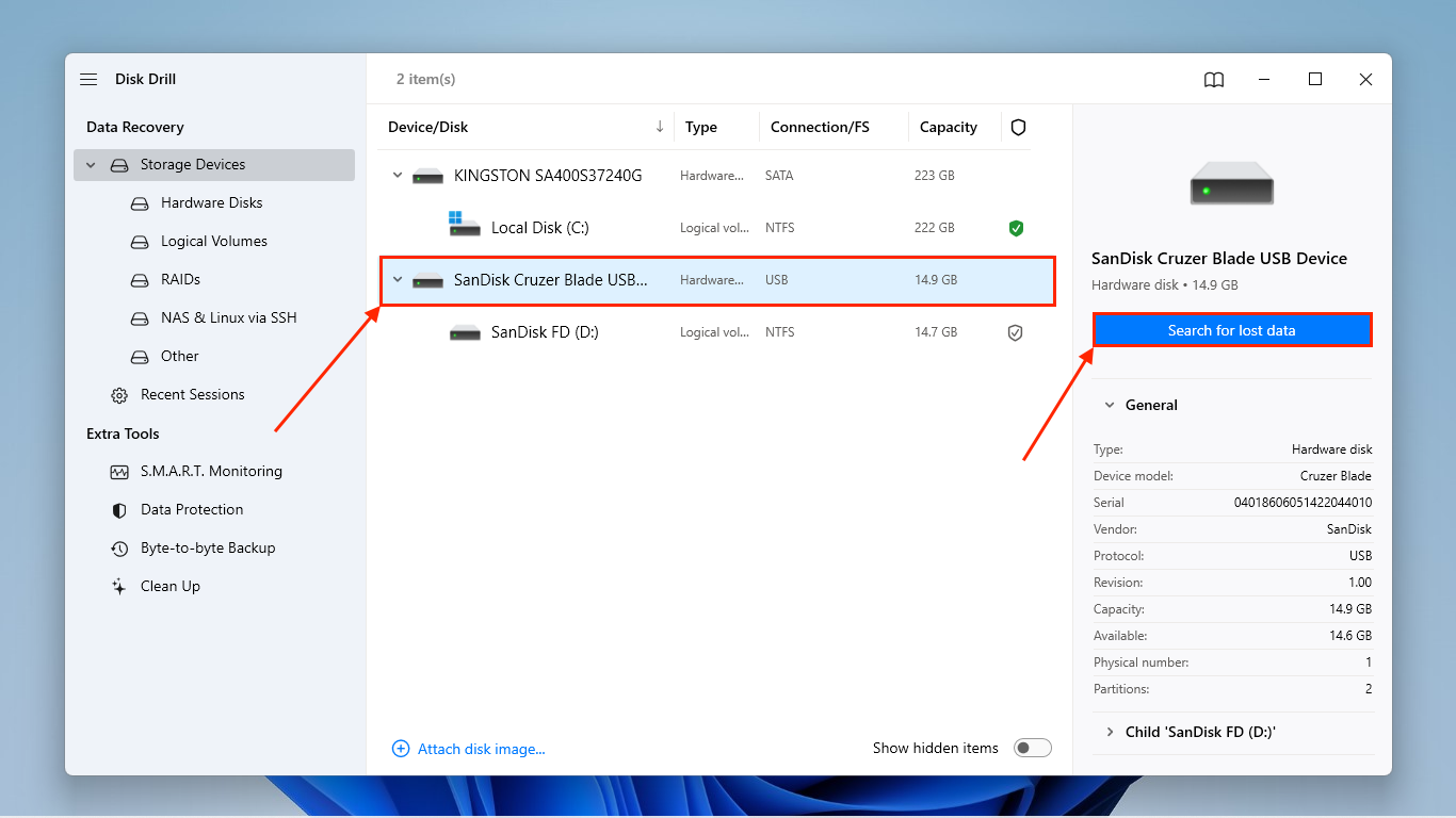 Disk selection menu in Disk Drill