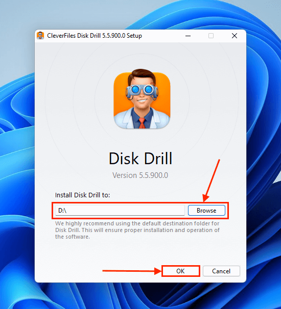 Selecting location for Disk Drill installer