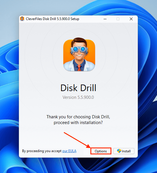 Options button in the Disk Drill installer