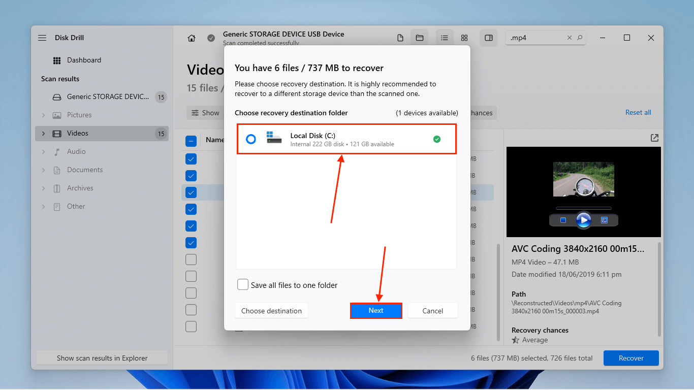 Selecting file destination folder in Disk Drill