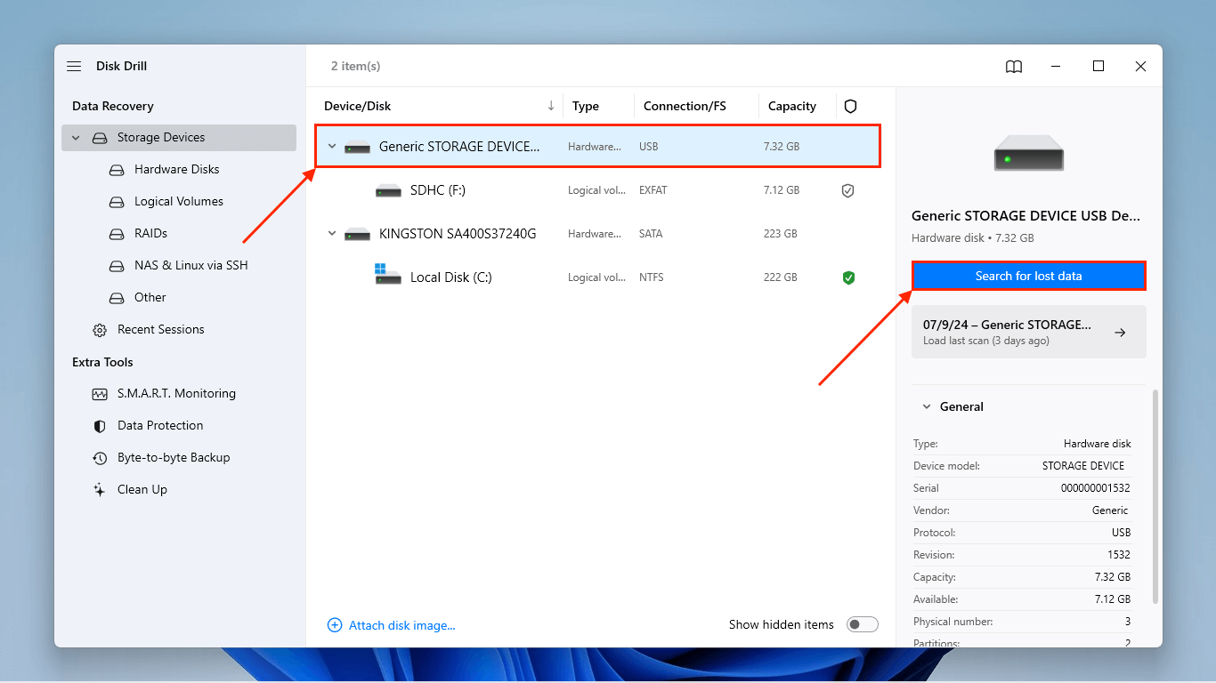 SD card selection window in Disk Drill