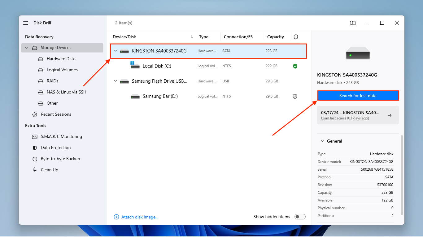 selecting the drive or partition to scan in Disk Drill